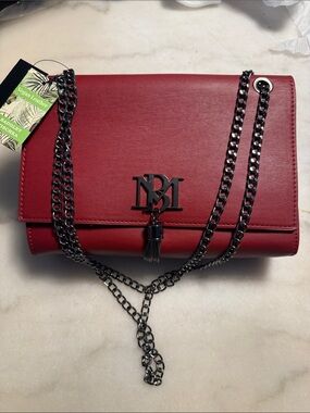 Red Vegan Leather Chain Shoulder Bag with Black Hardware